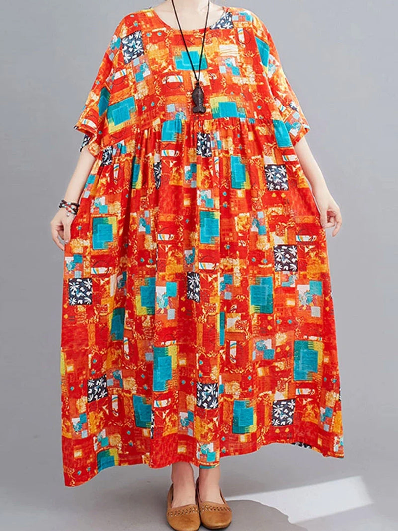 Orange Round Neck Abstract Print Batwing Sleeve Loose Smock Maxi Dress