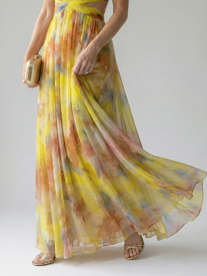 Spaghetti Strap V-Neck Floral Print Pleated Tulle Maxi Gown 6