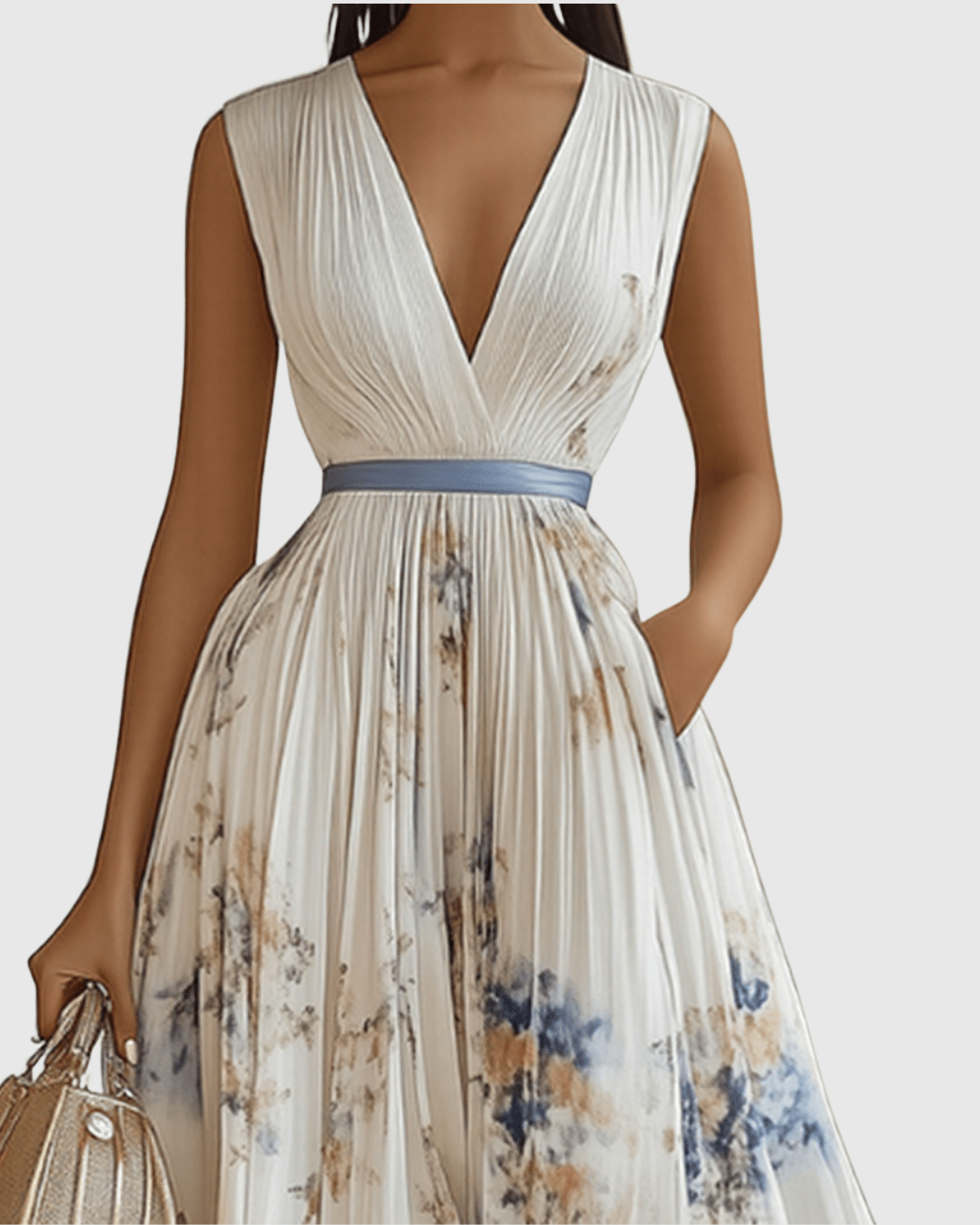 V-Neck Floral Print Sleeveless Pleated A-Line Maxi Dress