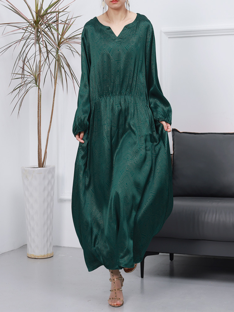 Split Neck Long Sleeve Jacquard Satin A-Line Maxi Dress