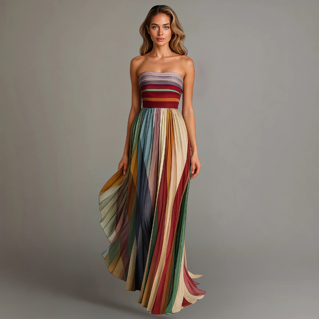 Multicolor Strapless Striped Colorblock Pleated Flowy A-Line Maxi Dress
