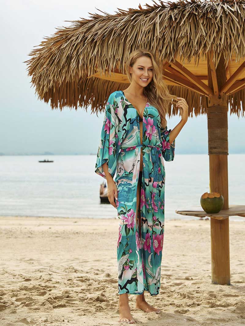Green Tie Waist Floral Crane Print Long Kimono Robe 5