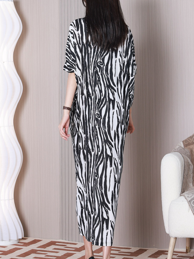 Round Neck Batwing Sleeve Zebra Print Loose High-Low Midi Dress