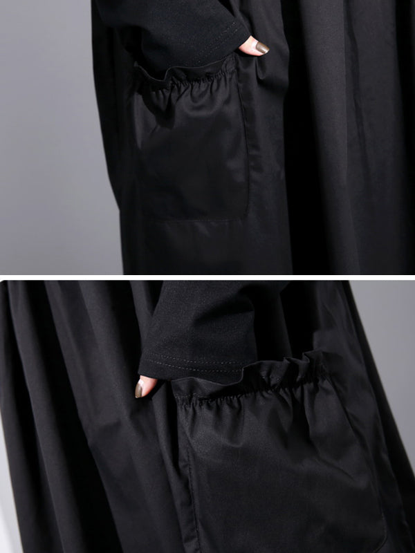 Black Round Neck Long Sleeve Pleated Pocket Smock Midi Dress