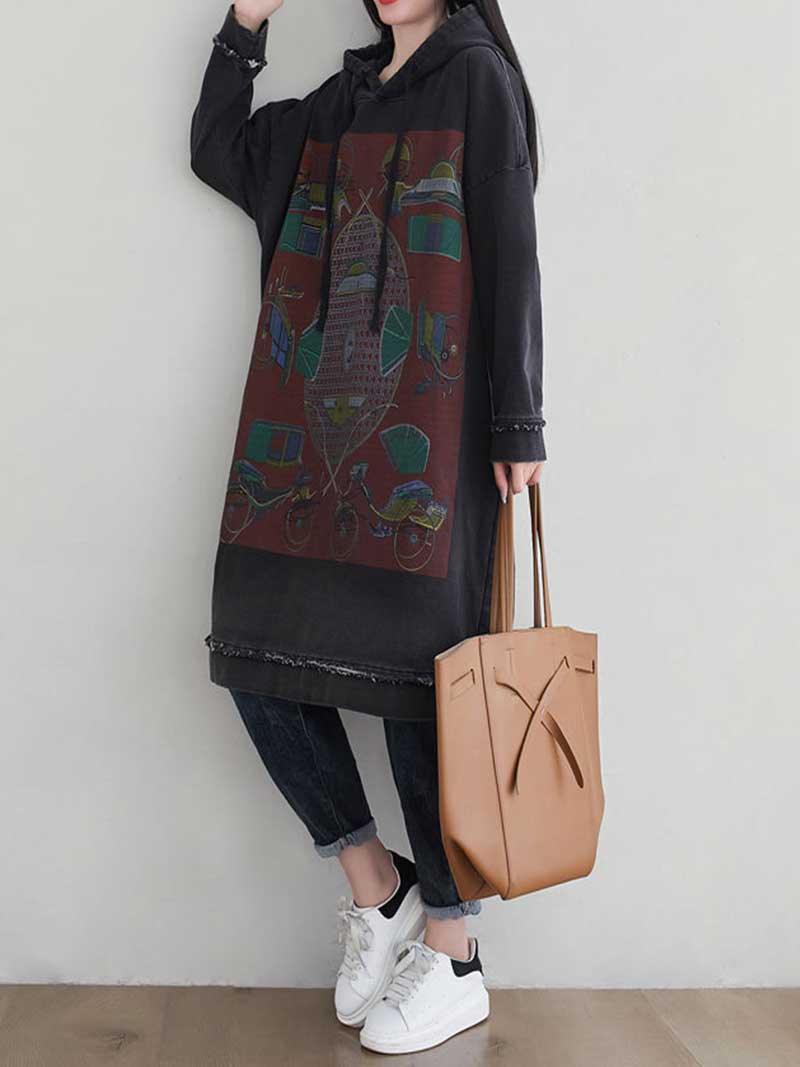 Hooded Graphic Print Frayed Hem Oversized Sweatshirt Midi Dress