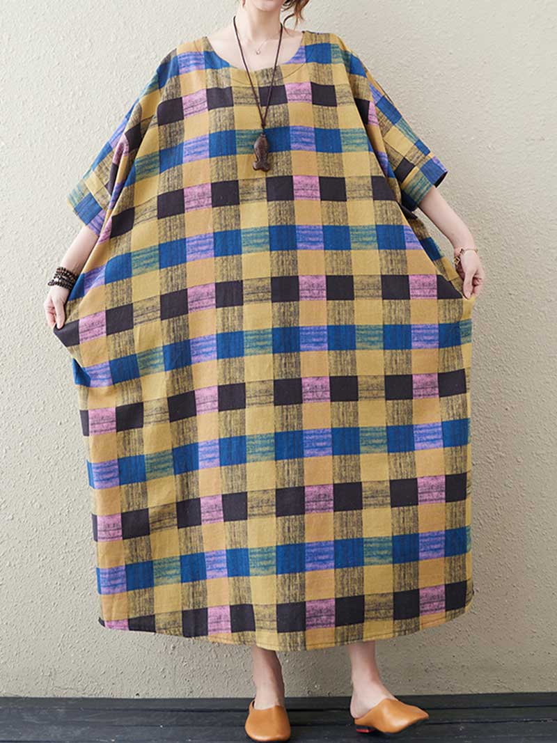 Multicolor Round Neck Plaid Batwing Sleeve Loose Cocoon Maxi Dress