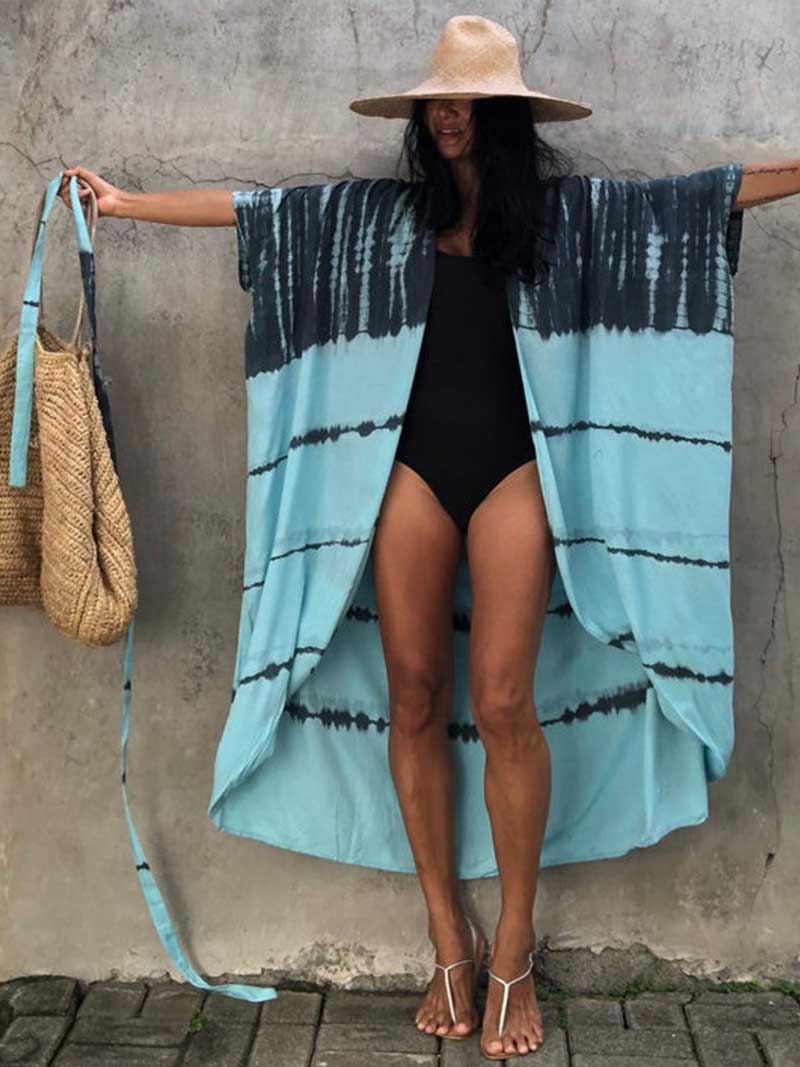 Tie-Dye Print Belted Short Sleeve Long Kimono Duster Robe 23