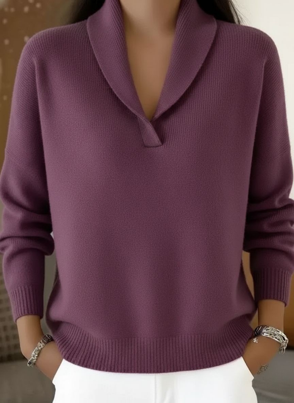 Shawl Collar V-Neck Long Sleeve Knit Sweater 5