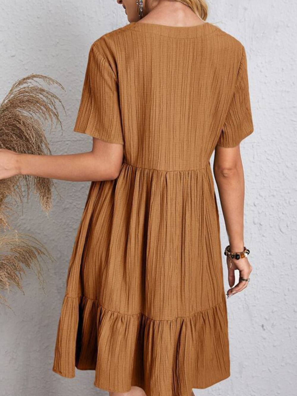 V-Neck Textured Short Sleeve Tiered Ruffle Hem Swing Mini Dress