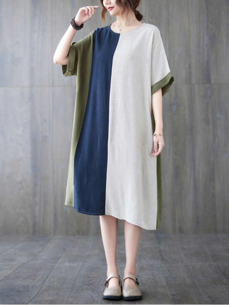 Round Neck Short Sleeve Colorblock Patchwork Cocoon Midi Dress 2