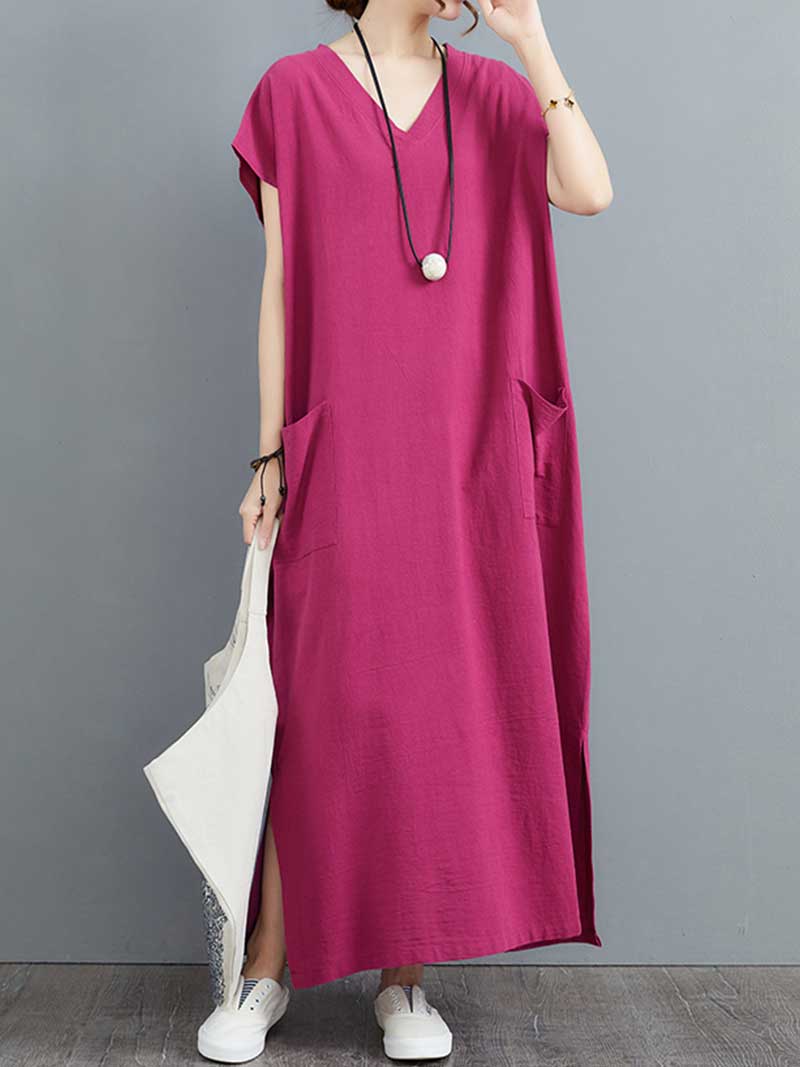 V-Neck Short Sleeve Patch Pocket Side Slit Loose Maxi Dress