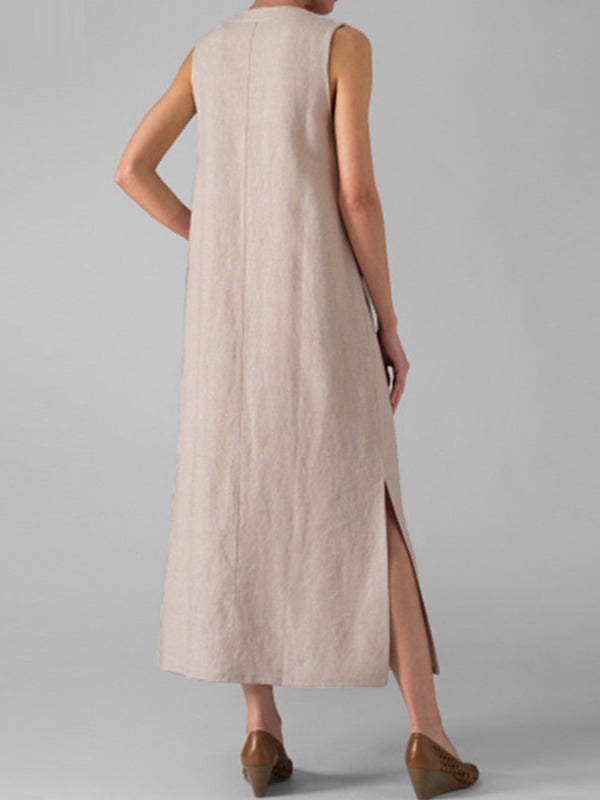 V-Neck Half Button Sleeveless Side Slit Linen Maxi Dress 8