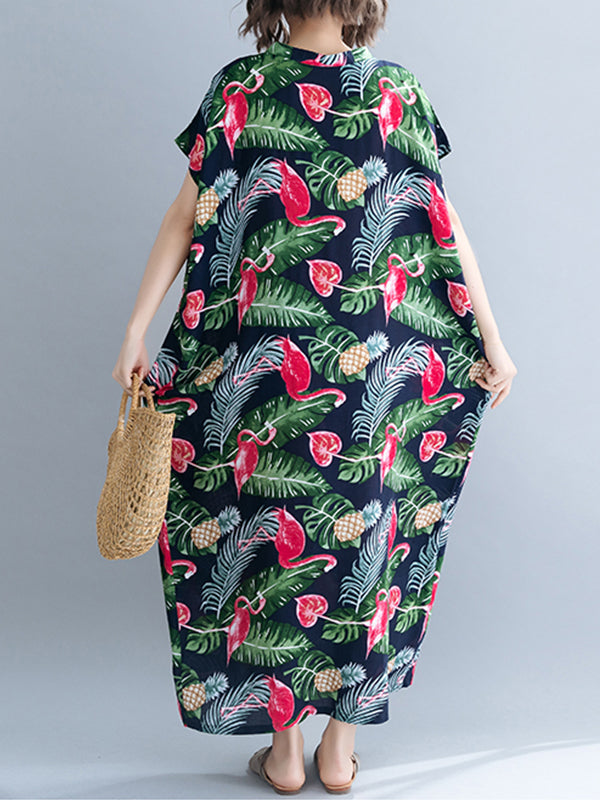 V-Neck Tropical Flamingo Print Short Sleeve Loose Kaftan Maxi Dress 7