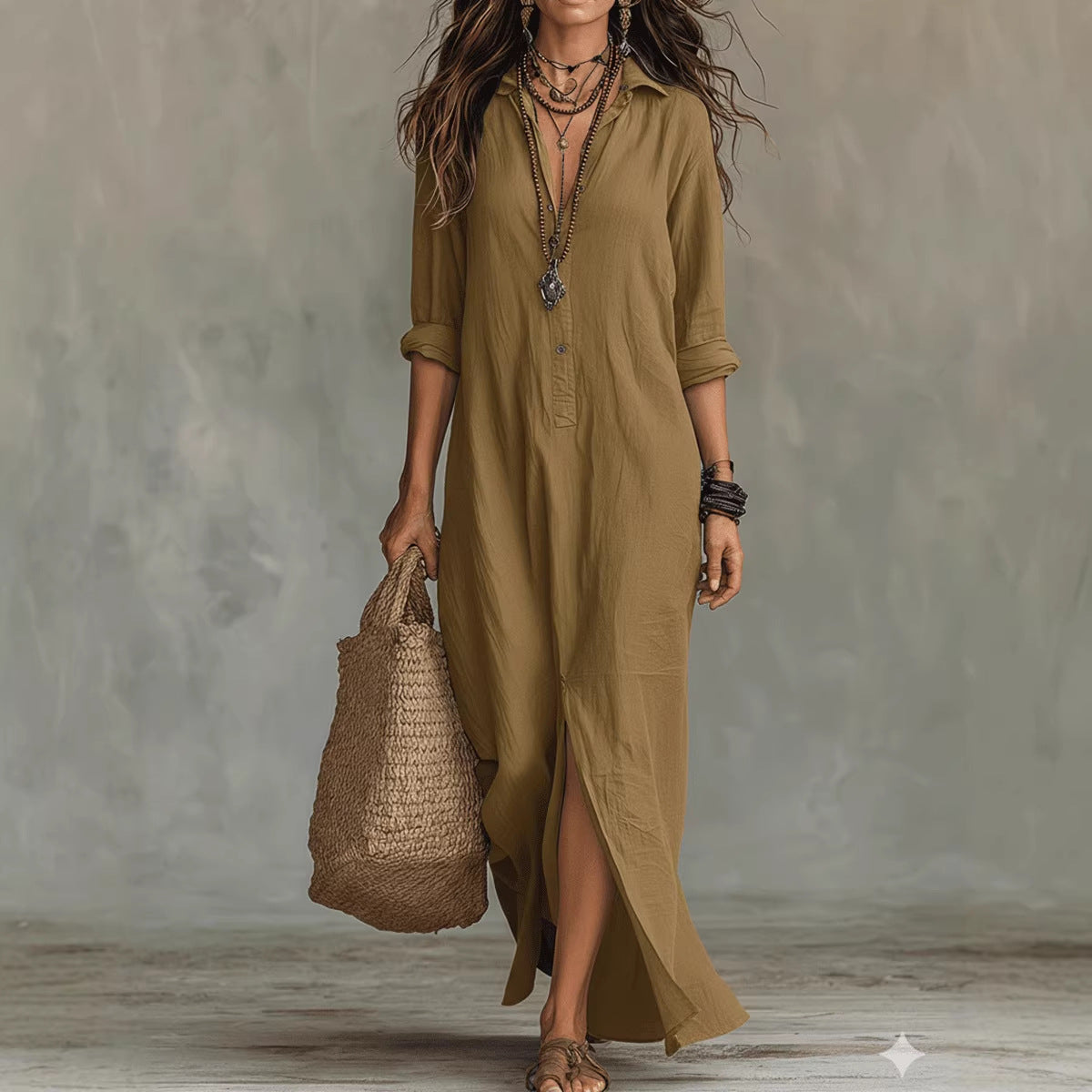Collared Button Placket Long Sleeve Linen Side Slit Shirt Maxi Dress