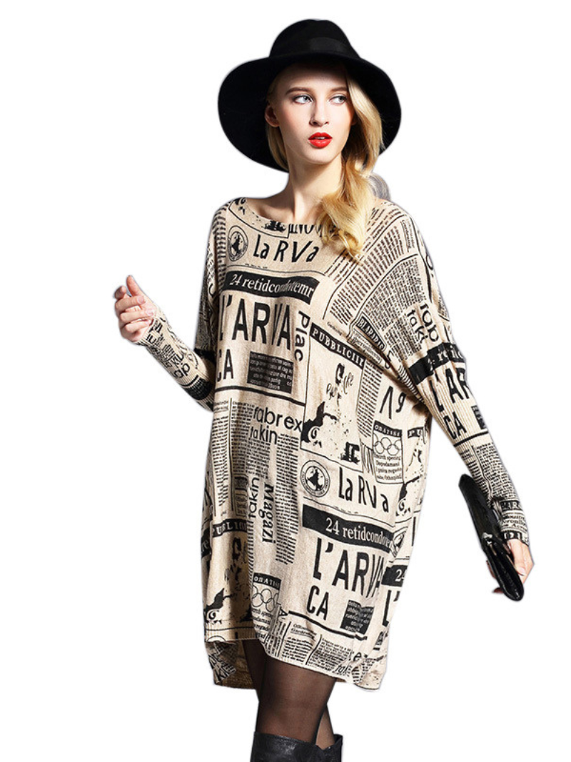Round Neck Newspaper Print Oversized Loose Knit Sweater 7