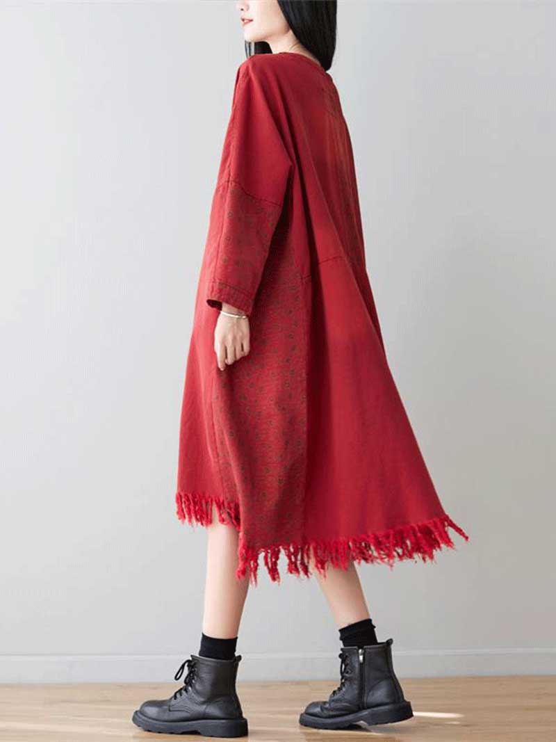 V-Neck Patch Pocket Denim Long Sleeve Frayed Tassel Hem Midi Dress 2