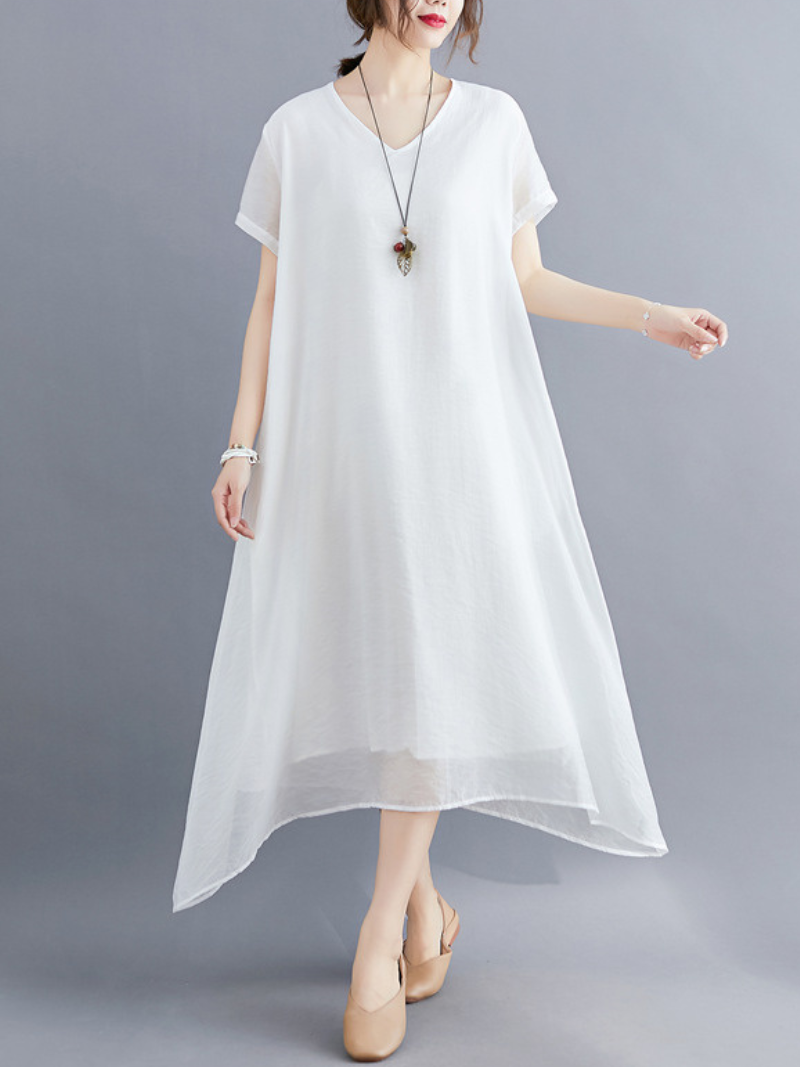 V-Neck Short Sleeve Layered Chiffon Loose A-Line Maxi Dress 8