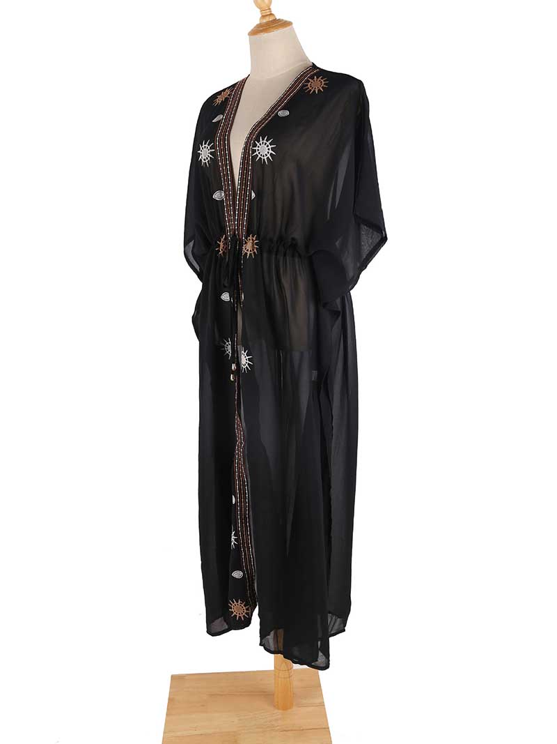 Black Sun Embroidered Mirror Sheer Tie Waist Long Kimono