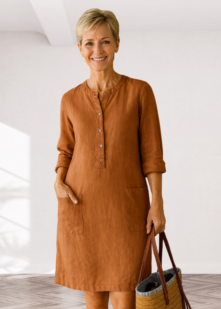 Henley Neck Roll Sleeve Patch Pocket Linen Shift Midi Dress 6