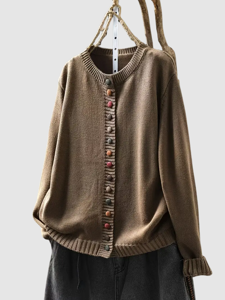 Round Neck Button Front Knit Long Sleeve Cardigan