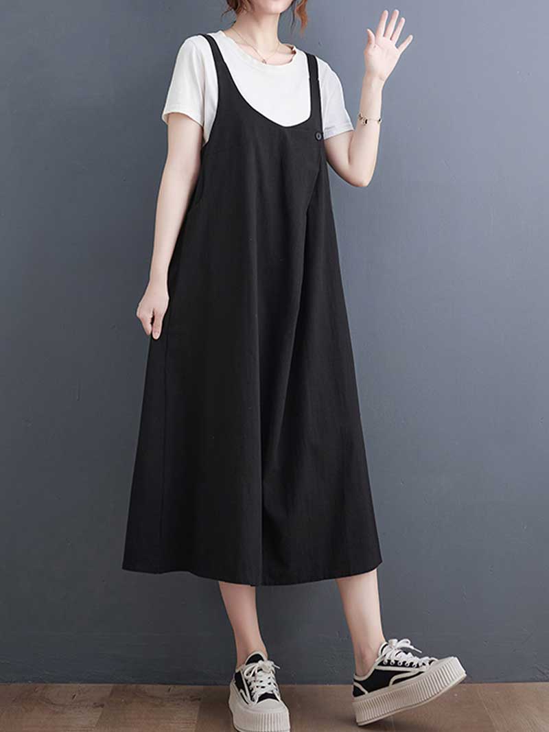 Wide Strap Cotton Loose A-Line Pinafore Midi Dress 4