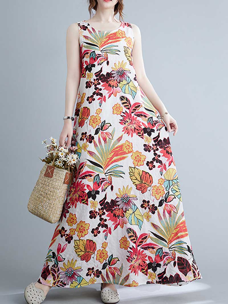 Round Neck Sleeveless Tropical Floral Print Loose A-Line Maxi Dress