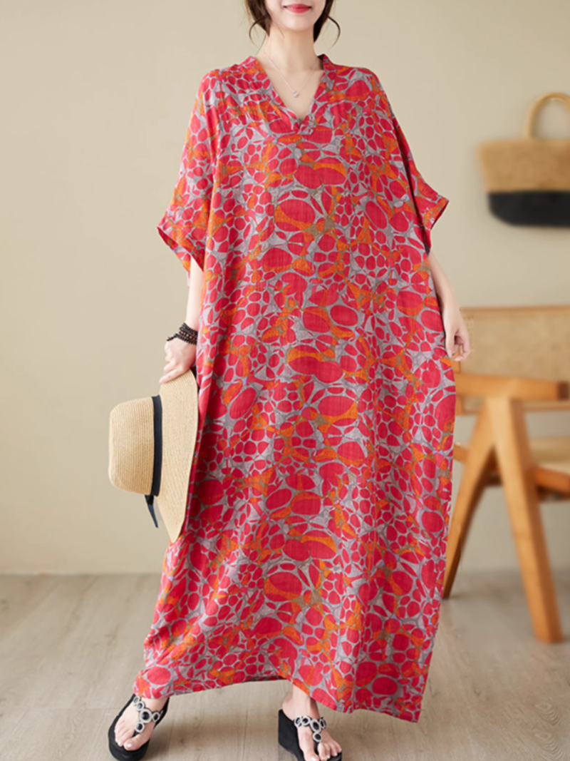 V-Neck Pebble Print Batwing Sleeve Loose Kaftan Maxi Dress 3