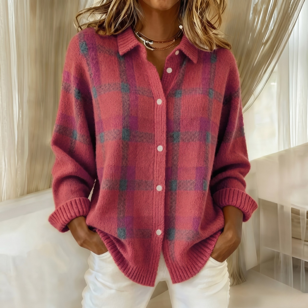 Collared Plaid Knit Button Front Long Sleeve Cardigan 7