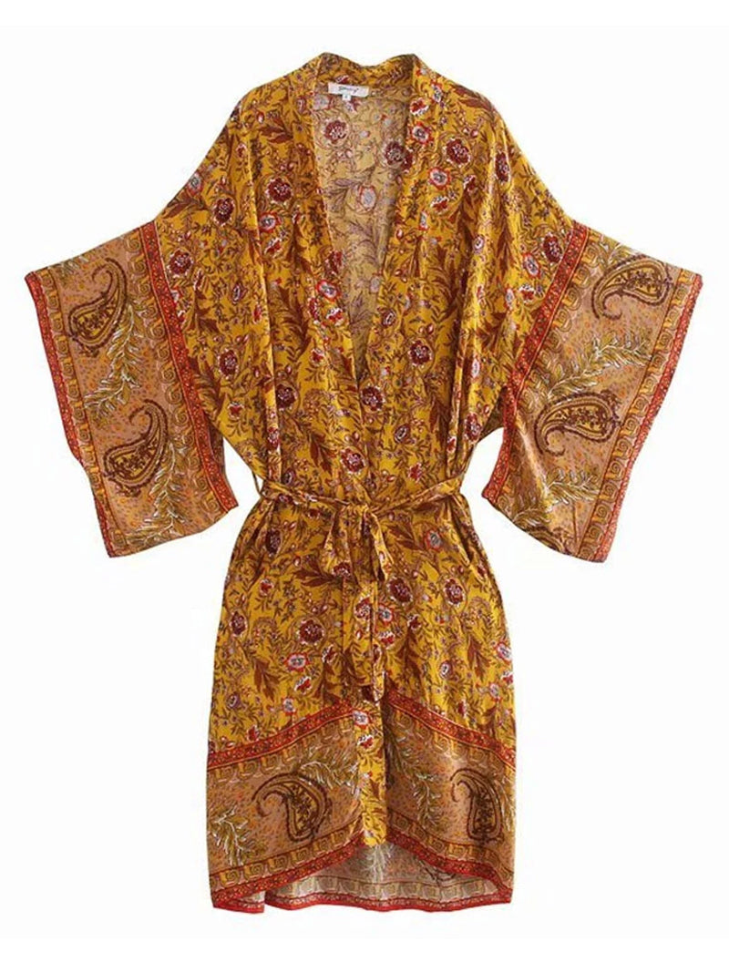 Yellow Floral Paisley Print Belted Long Kimono Robe 6