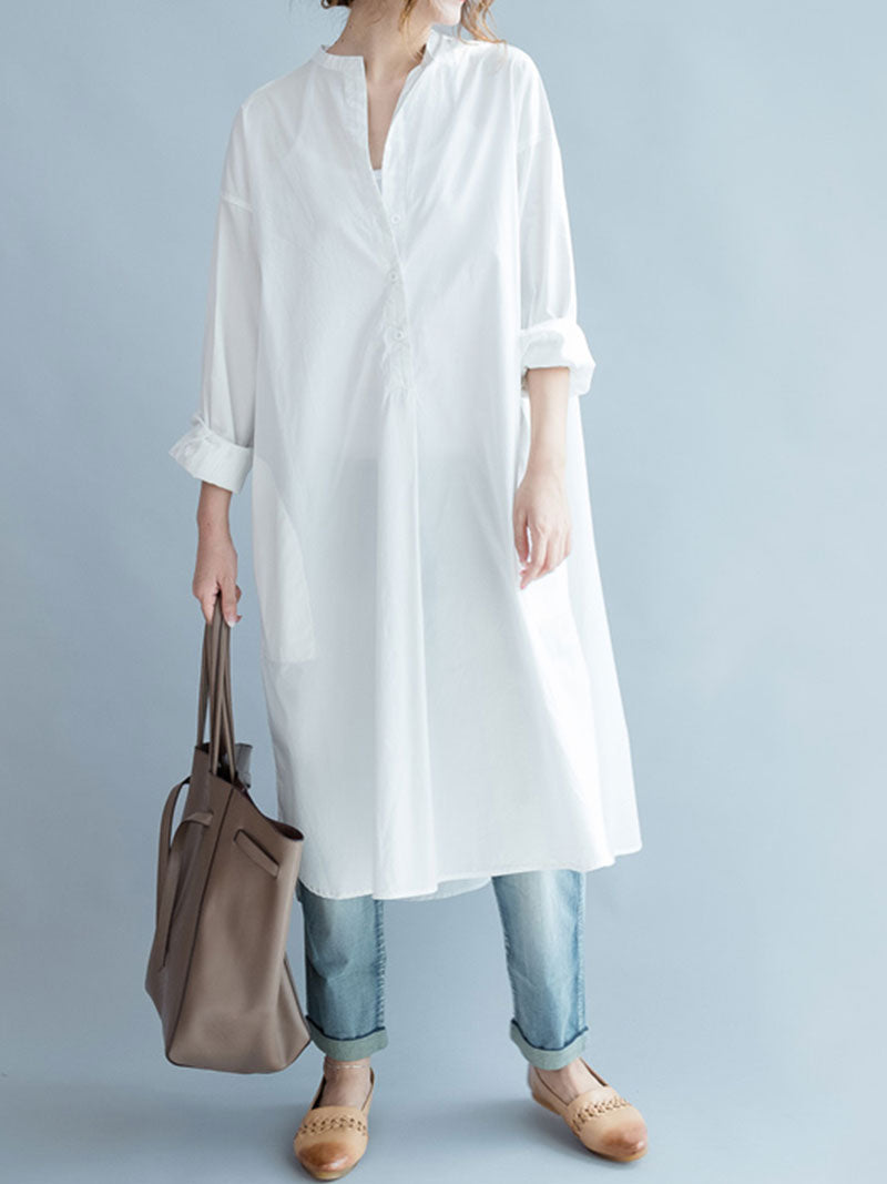 White Band Collar Button Front Long Sleeve Loose High-Low Shirt Dress 7
