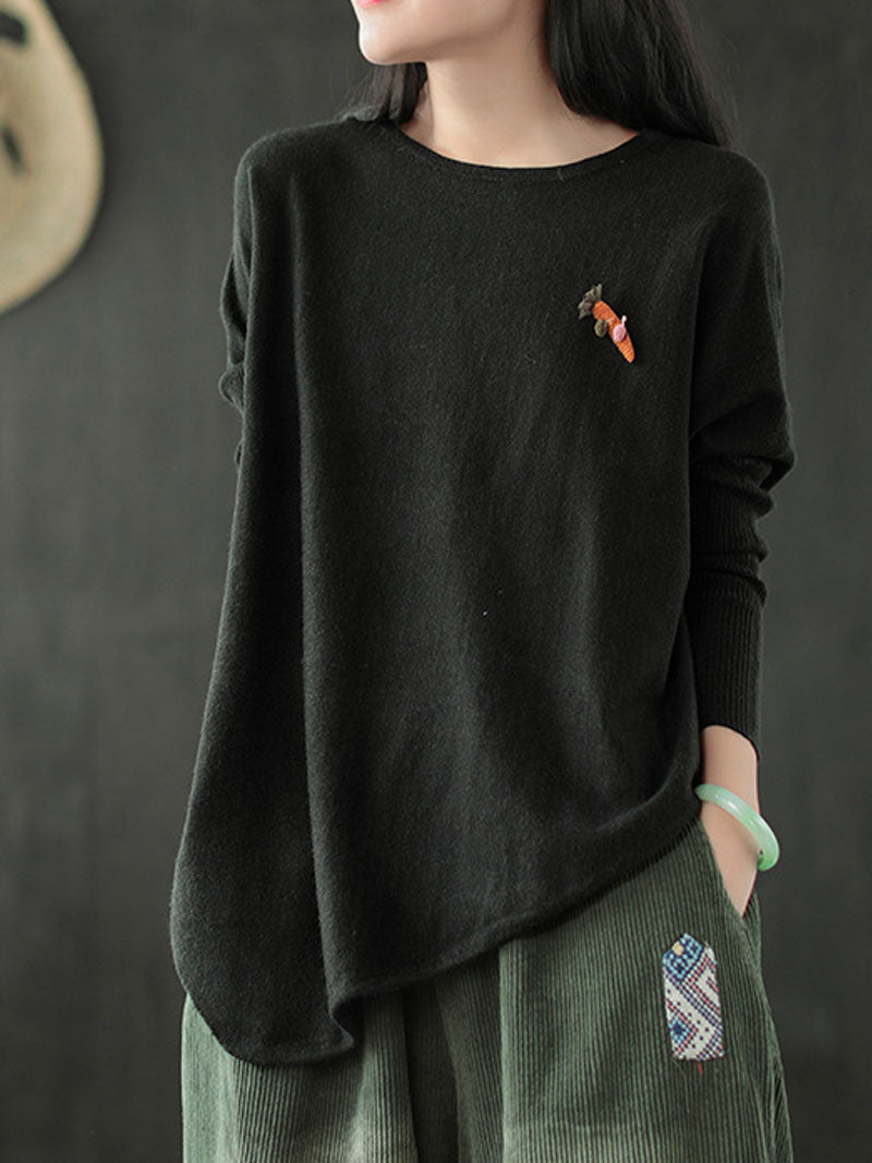 Round Neck Batwing Sleeve Carrot Embroidered Loose Knit Sweater 2