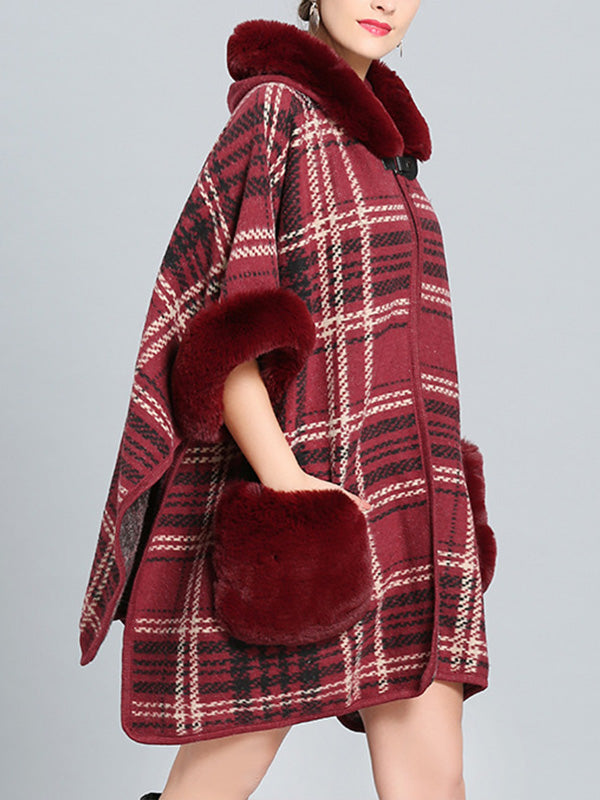 Hooded Faux Fur Trim Plaid Pocket Cape Cardigan