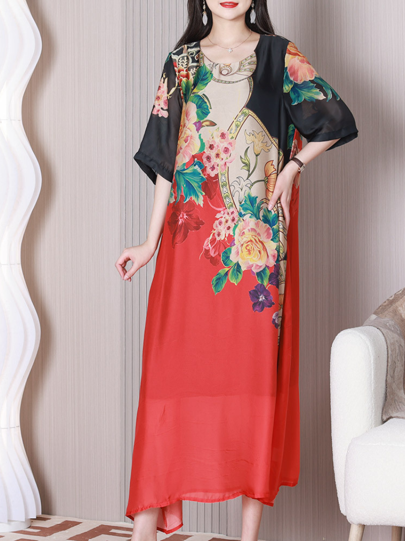 Round Neck Half Sleeve Floral Print Chiffon Maxi Dress 2