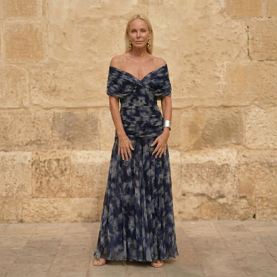 Navy Off-Shoulder Twist Front Tie-Dye Print Ruched Chiffon Maxi Dress