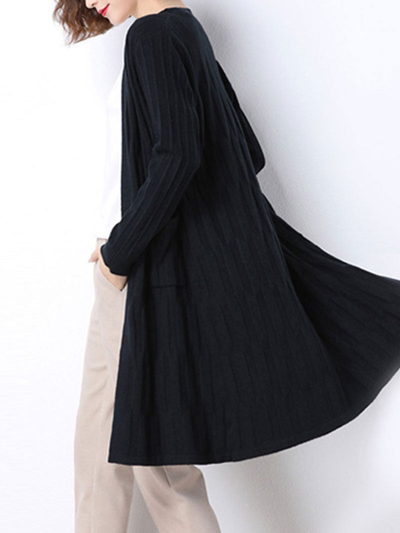 Open Front Ribbed Knit Patch Pocket Long Sleeve Cardigan 8