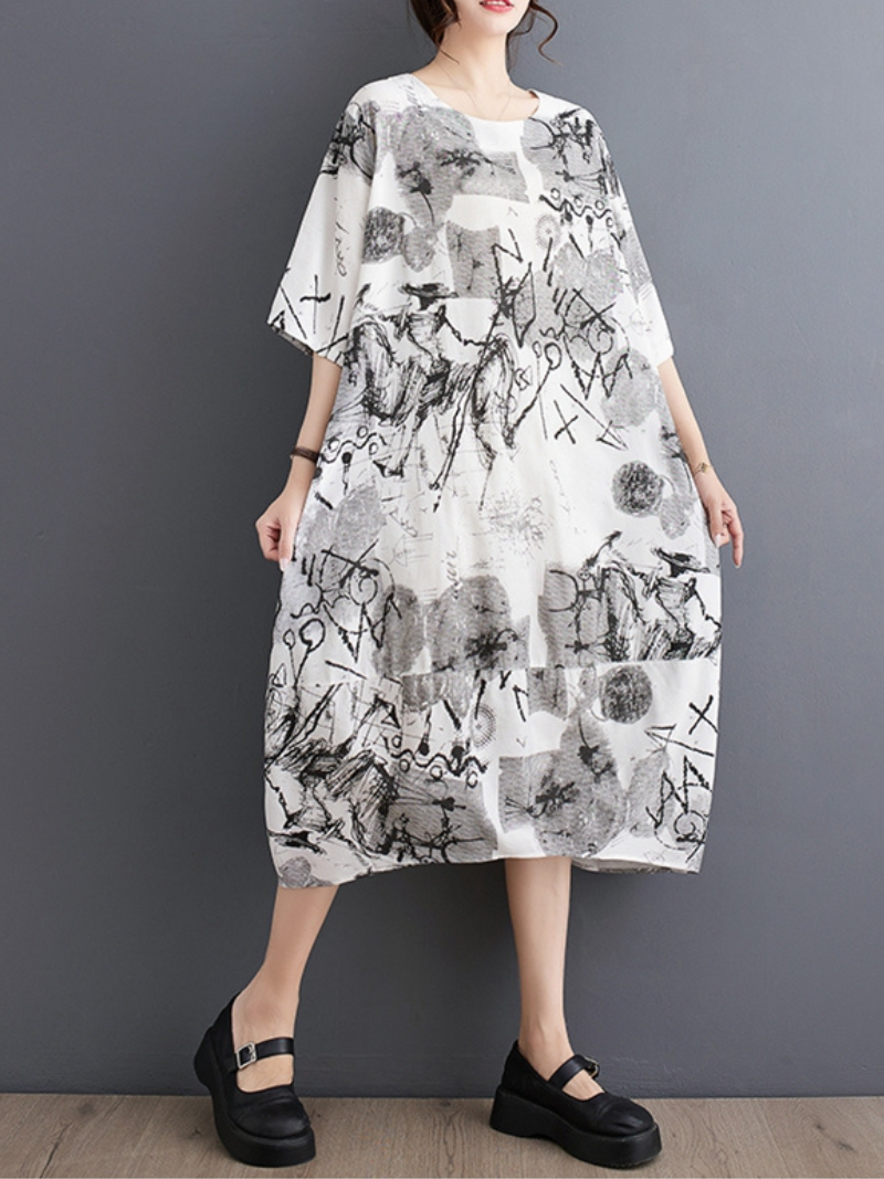 Round Neck Short Sleeve Abstract Ink Print Cocoon Midi Dress