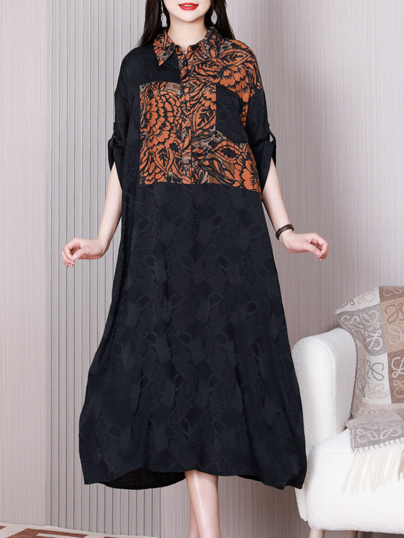 Black Collared Button Front Floral Jacquard Spliced A-Line Midi Dress