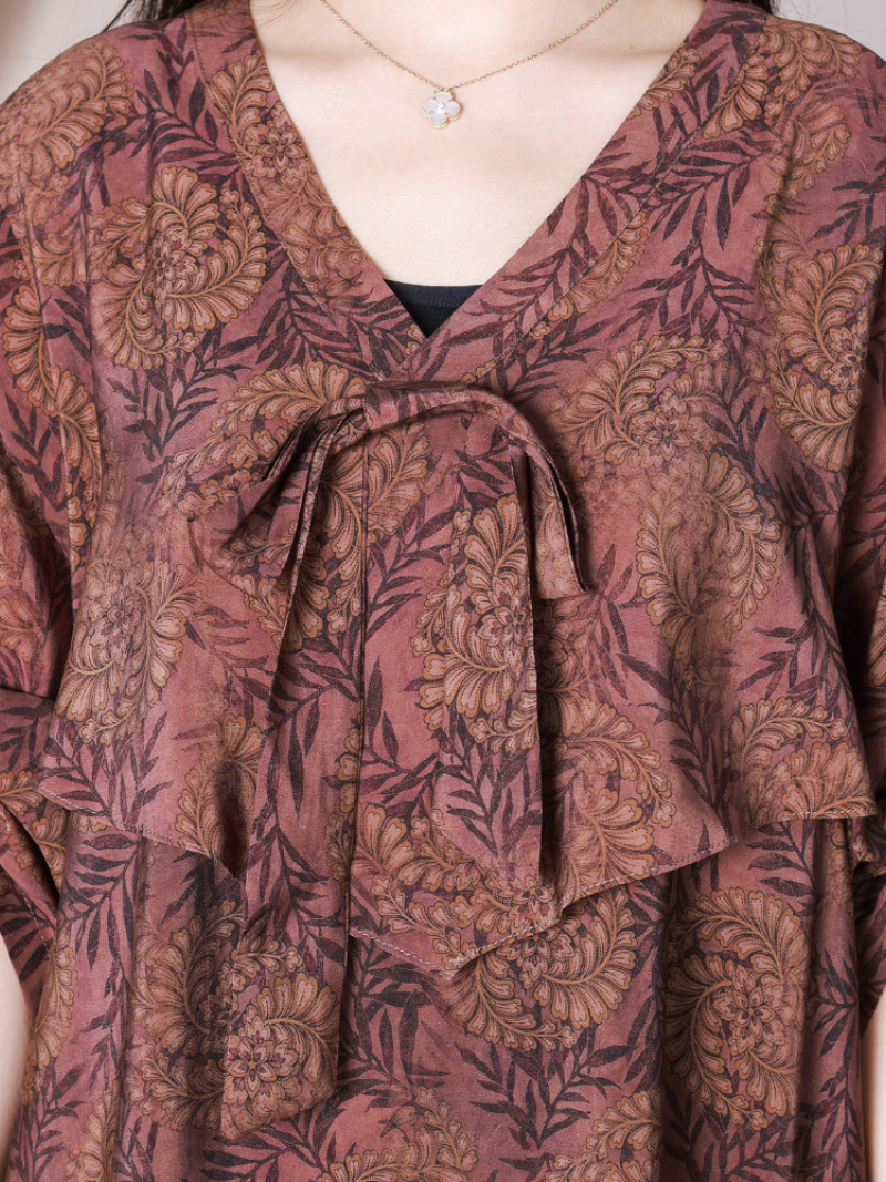 Coffee V-Neck Floral Bow Tie Long Sleeve Loose A-Line Maxi Dress