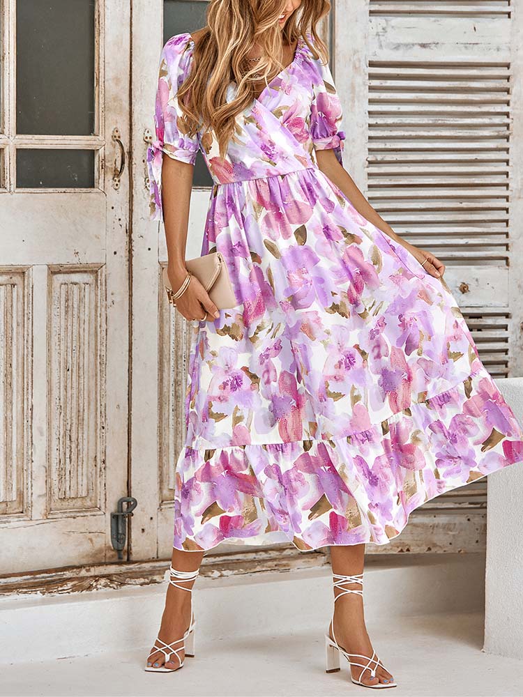 Sweet Short Sleeve Print Midi Dress