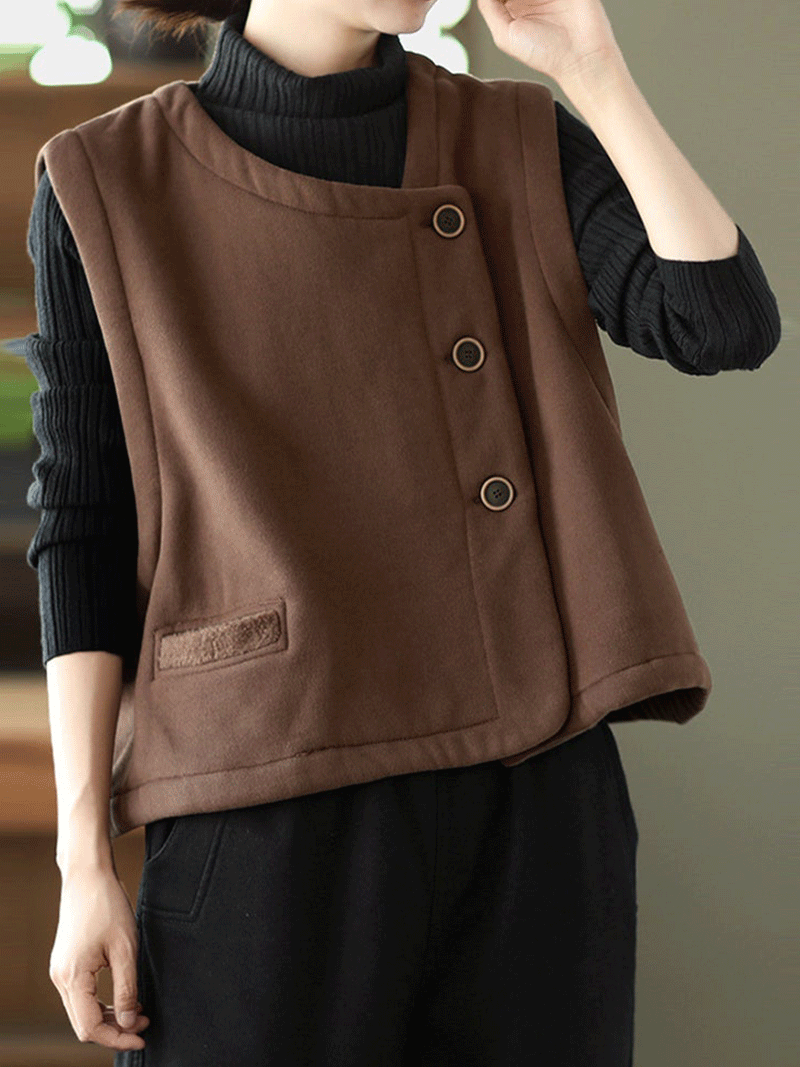 Round Neck Asymmetric Button Sleeveless Pocket Vest 9