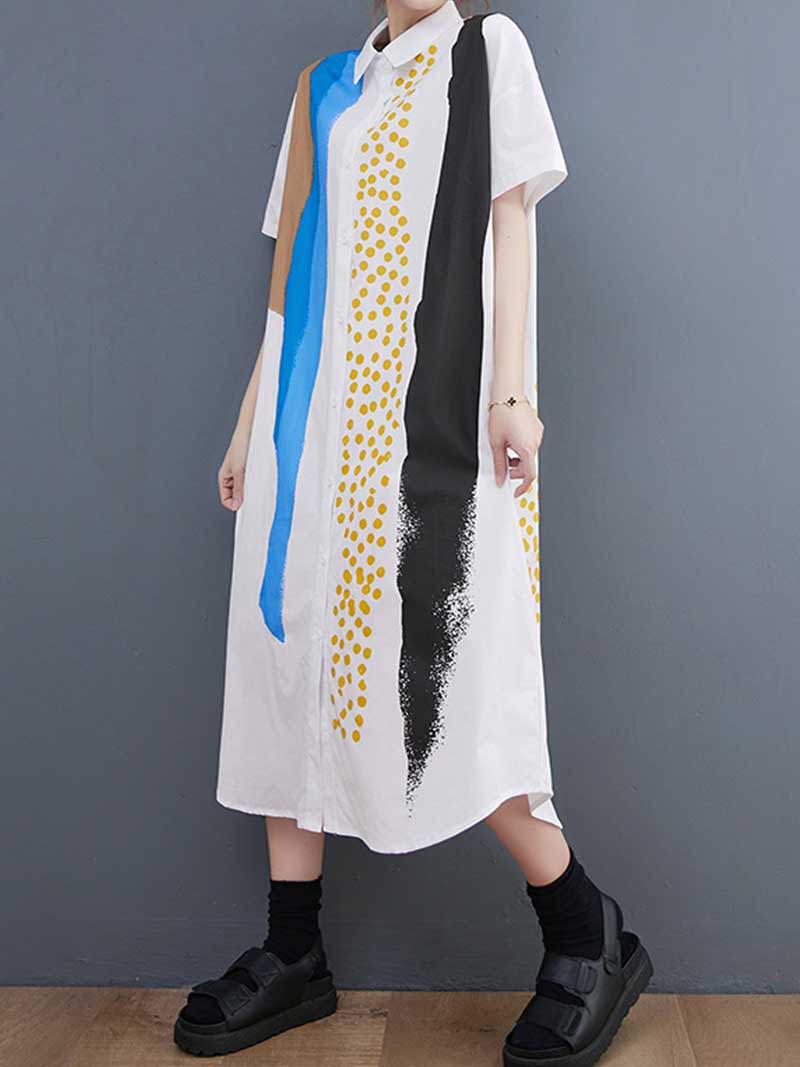 Collared Abstract Print Short Sleeve Shirt Midi Dress 8