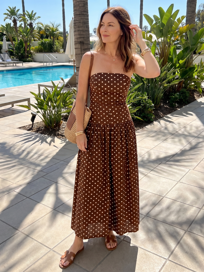 Brown Strapless Polka Dot Fitted Bodice Flared A-Line Maxi Dress 8
