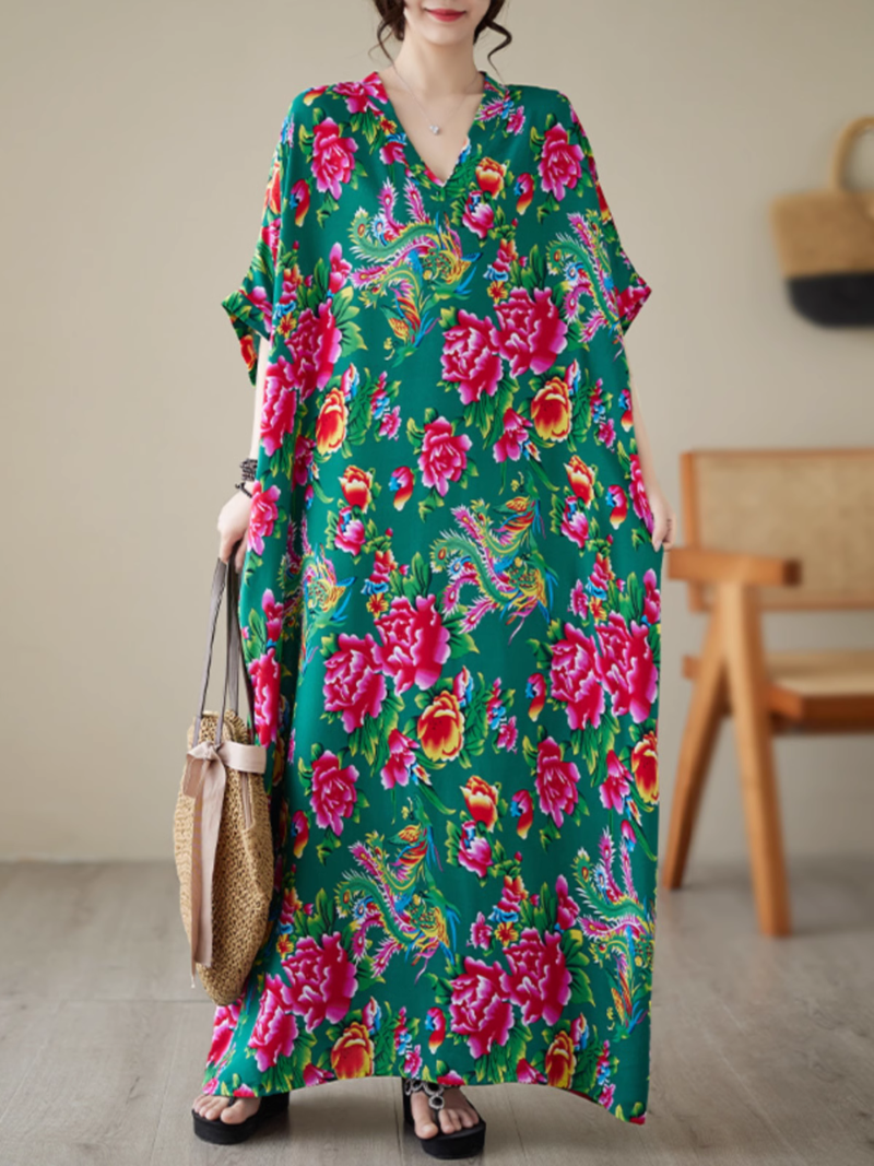 V-Neck Floral Print Batwing Sleeve Loose Kaftan Maxi Dress 7