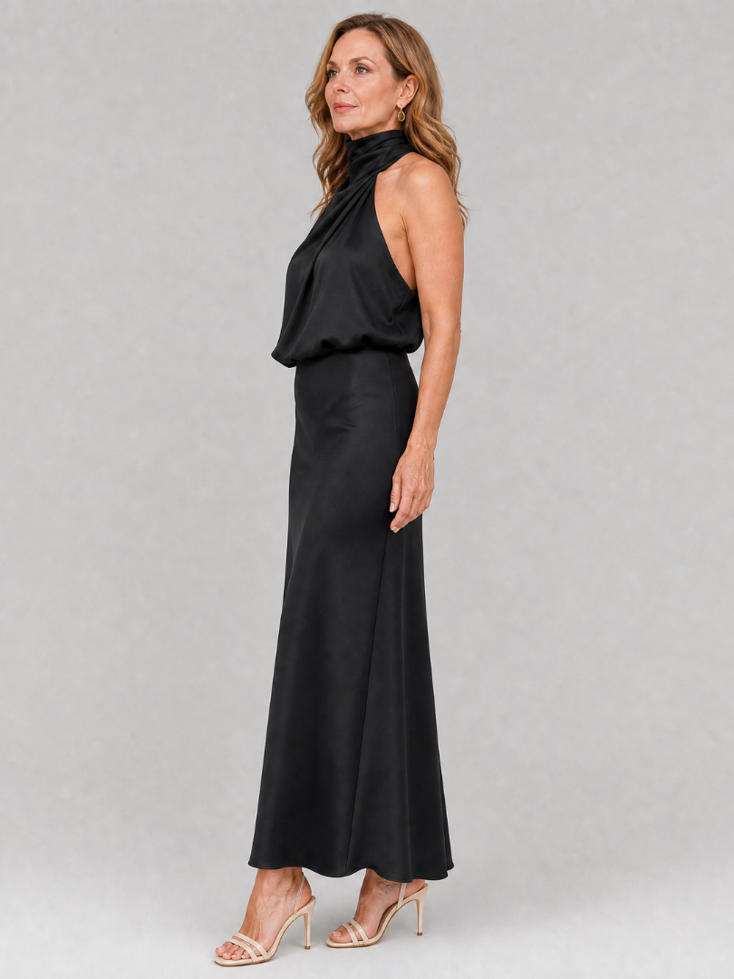 Halter Neck Twist Front Blouson Satin Column Maxi Dress 9