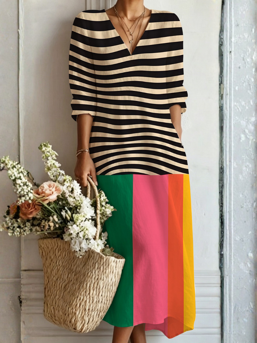 Multicolor V-Neck Long Sleeve Stripe Colorblock Shift Midi Dress