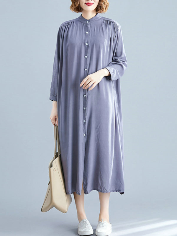 Stand Collar Long Sleeve Button Front Loose Shirt Midi Dress