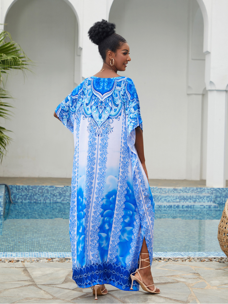 Blue V-Neck Baroque Border Print Batwing Sleeve Kaftan Maxi Dress 2