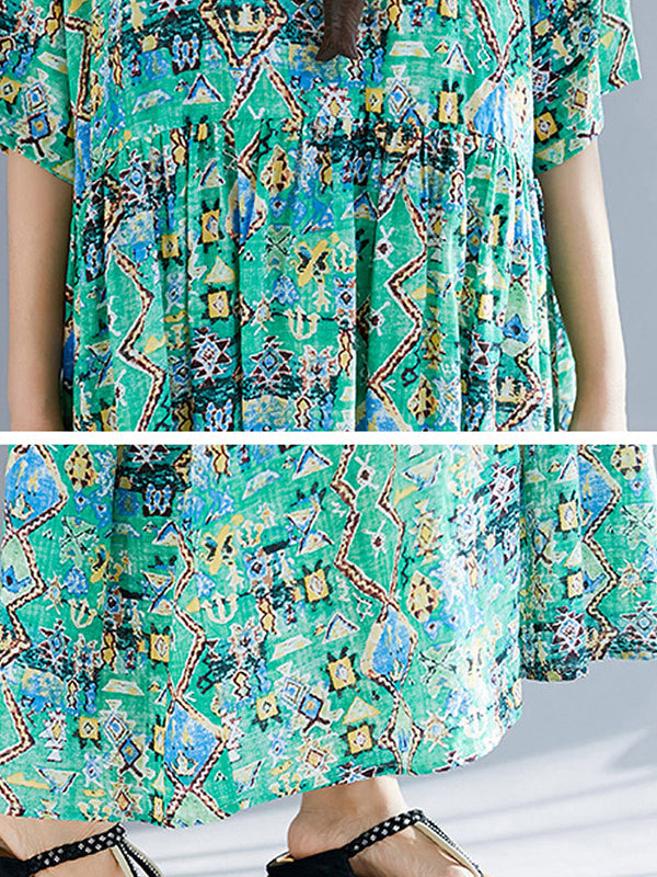 Multi Color Round Neck Geometric Print Batwing Sleeve Loose Smock Maxi Dress 7