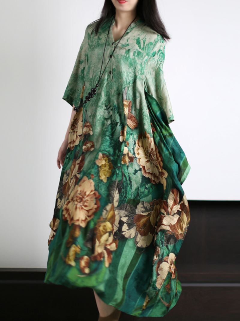 Stand Collar Floral Print Half Sleeve Loose Flowy Maxi Dress 3