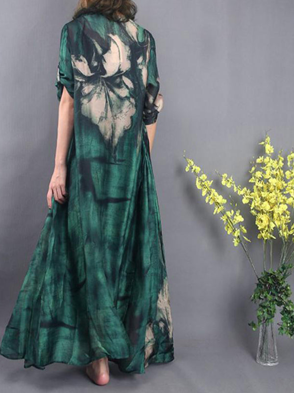 Round Neck Abstract Print Half Sleeve Loose Maxi Dress
